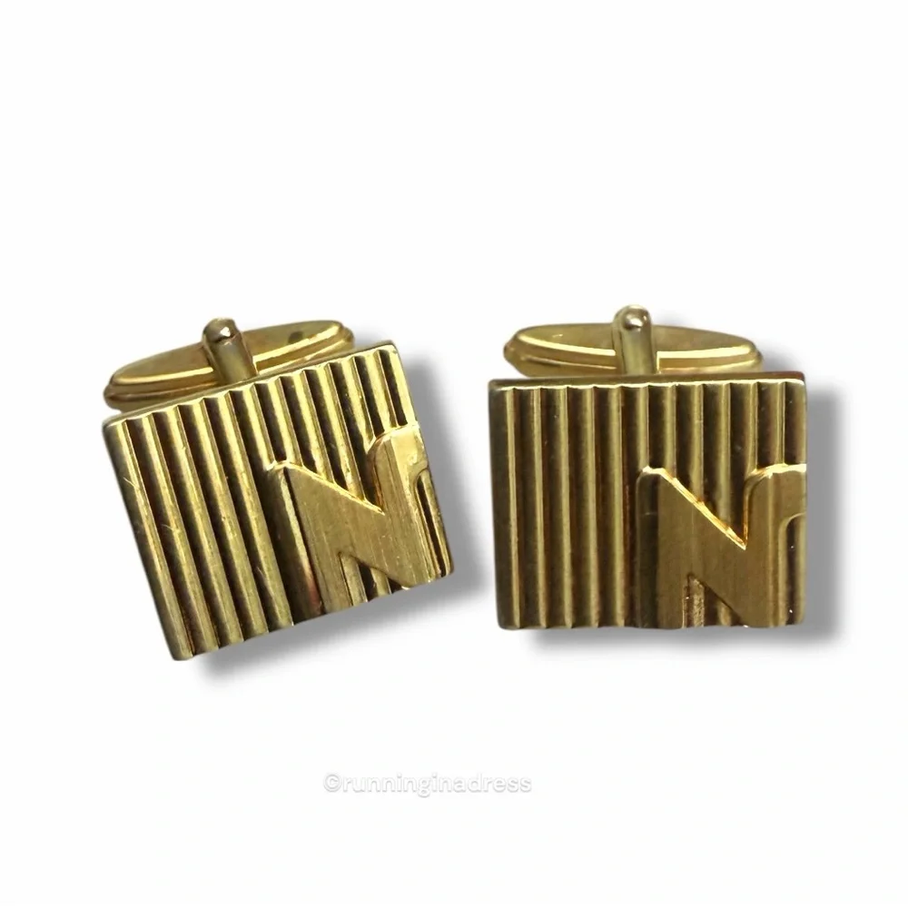 VTG 1980s Nina Ricci Gold Ribbon Textured N Monogram Cufflinks